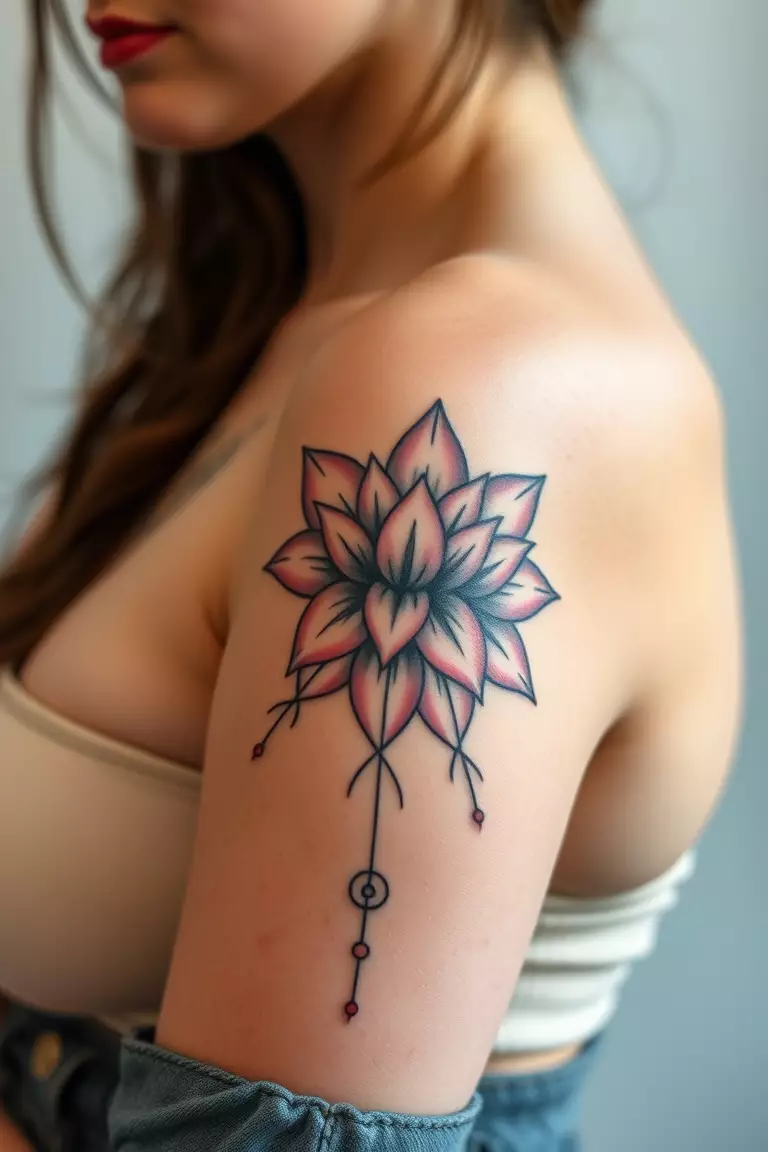 A close-up photo of a woman showing her multi-style lotus flower arm tattoo design.  