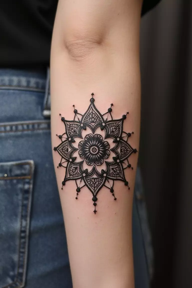 A close-up shot of a woman's arm with a black ink tattoo of a detailed circular mandala pattern.