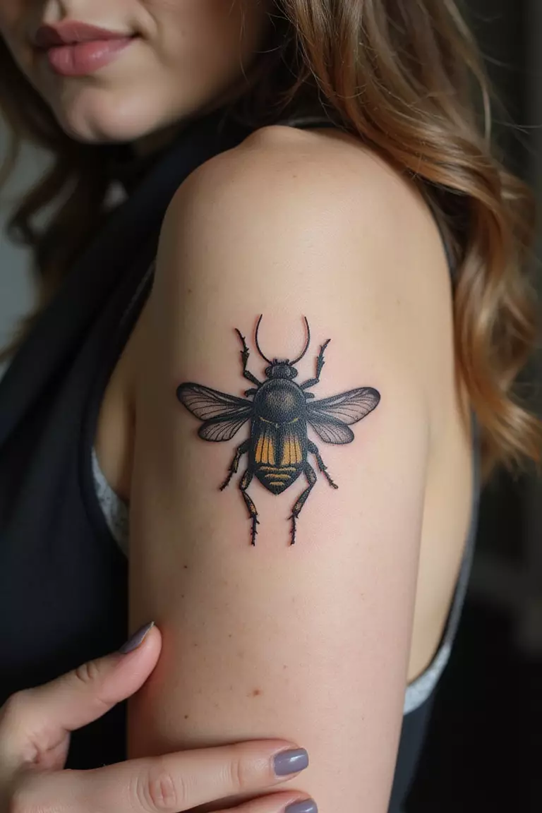 A close-up shot of a woman showing her black ink single needle detail tattoo design of a tiny, hyper-detailed insect on her arm
