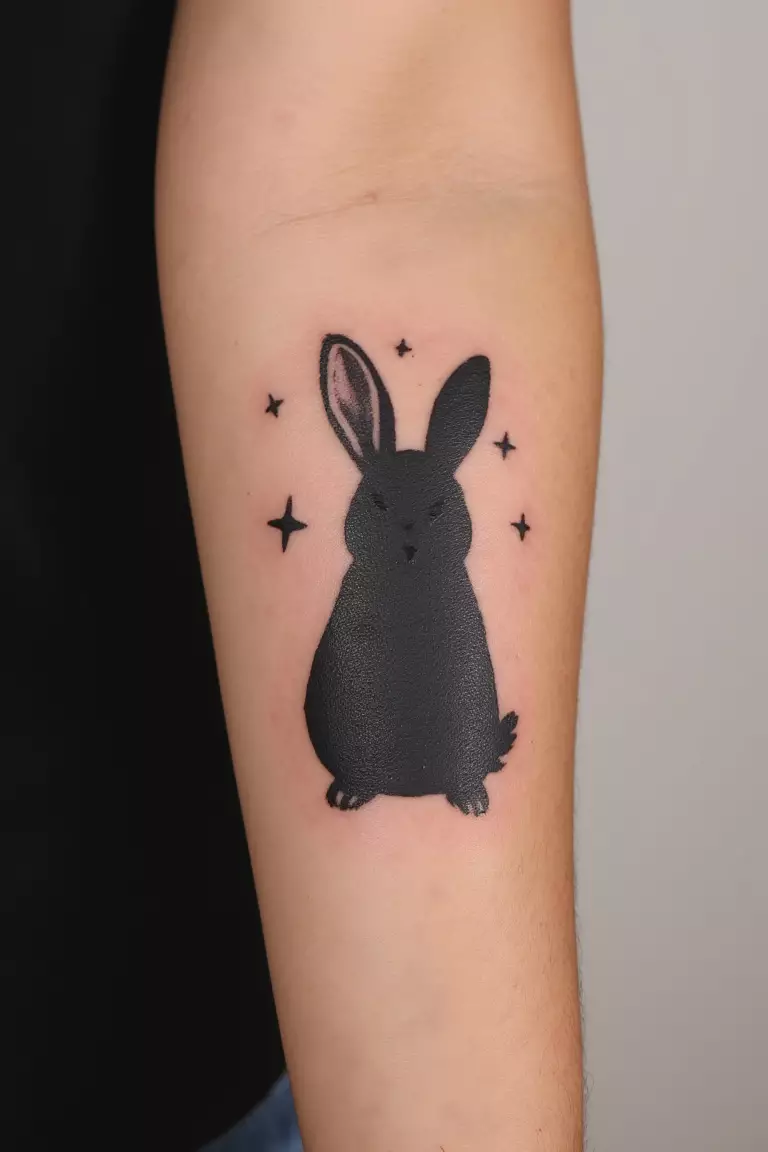 A close up shot of woman's arm with a black ink bunny silhouette with stars tattoo  