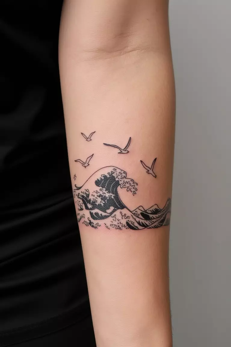 A close up shot of woman's arm with a black ink simple Japanese wave pattern with a few seagulls tattoo  