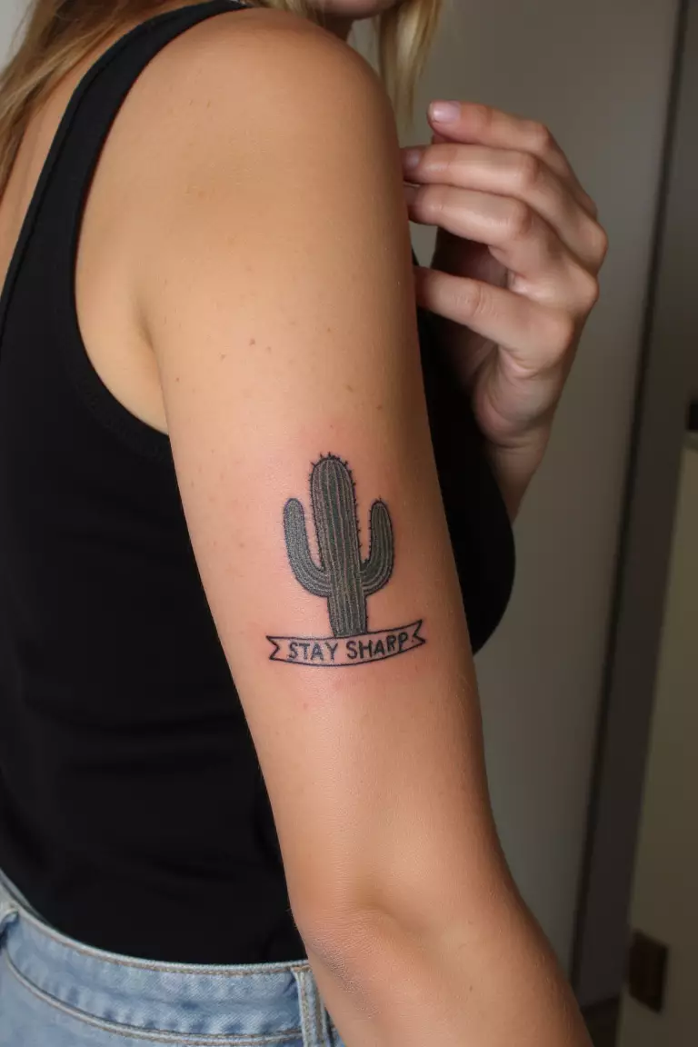 A close up shot of a woman showing her black ink cactus tattoo with a banner that says 