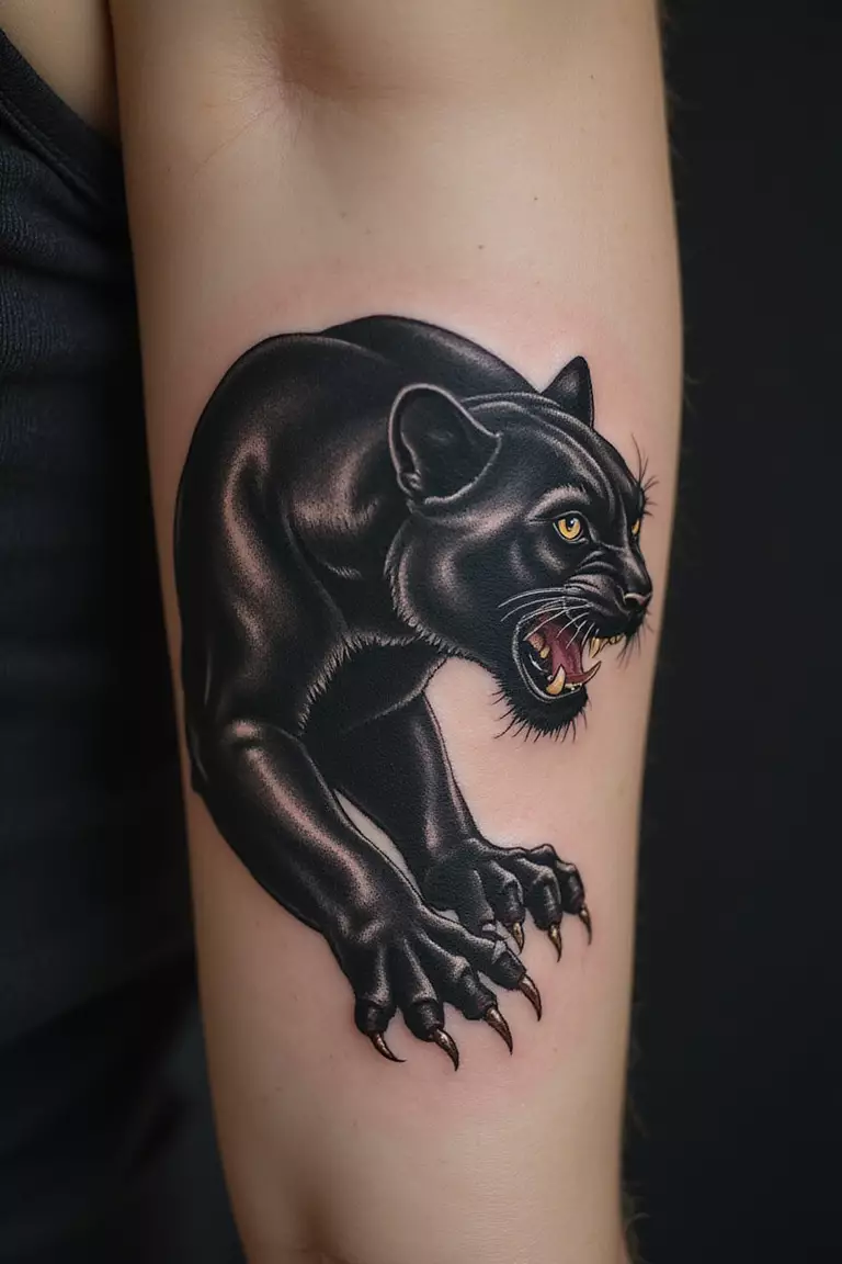 Panther A close-up shot of a woman showing her black ink crawling black panther tattoo design on her arm