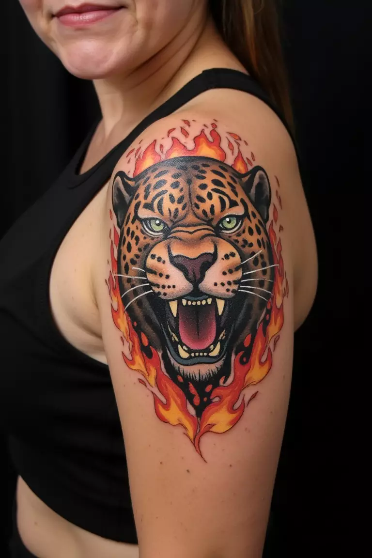A photo of a woman showing her fierce roaring leopard head tattoo with flames on her upper arm