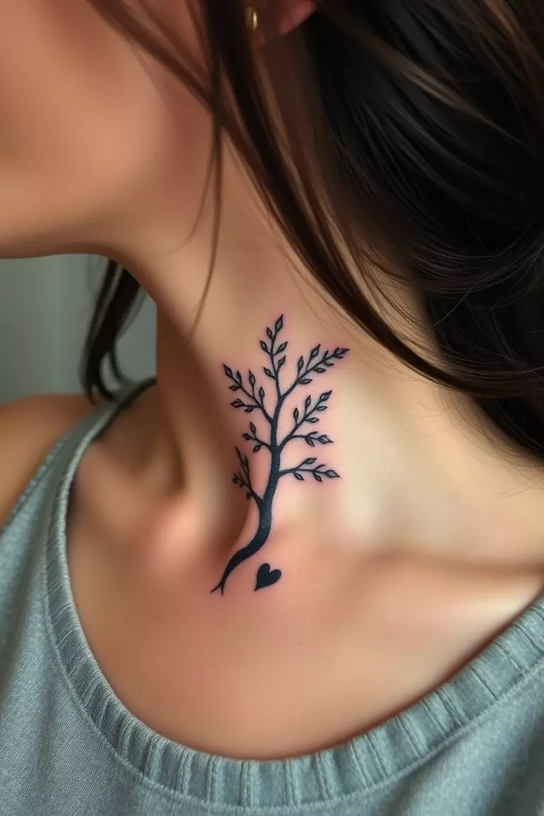 A photo of a woman with a small poison tree tattoo under her neck.