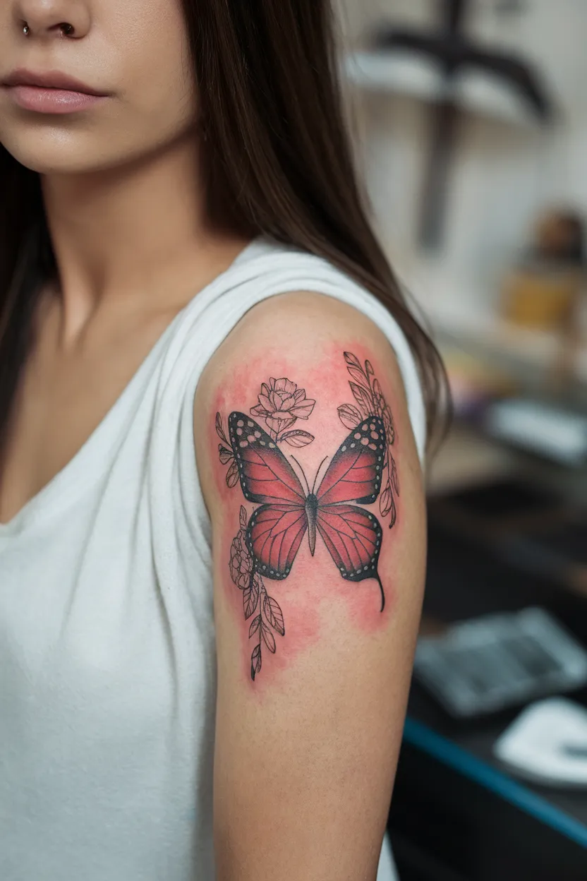 Red Butterfly With Floral Accents