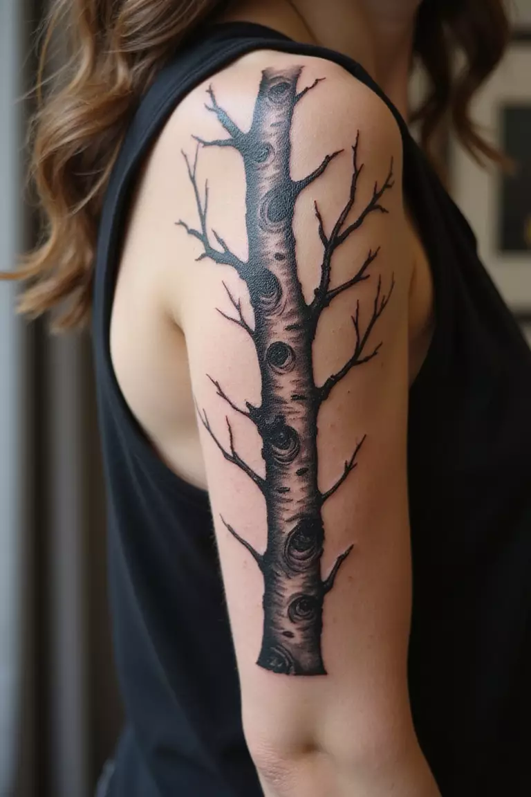 Birch Tree Bark A close-up shot of a woman showing her black ink birch tree bark tattoo on her arm.