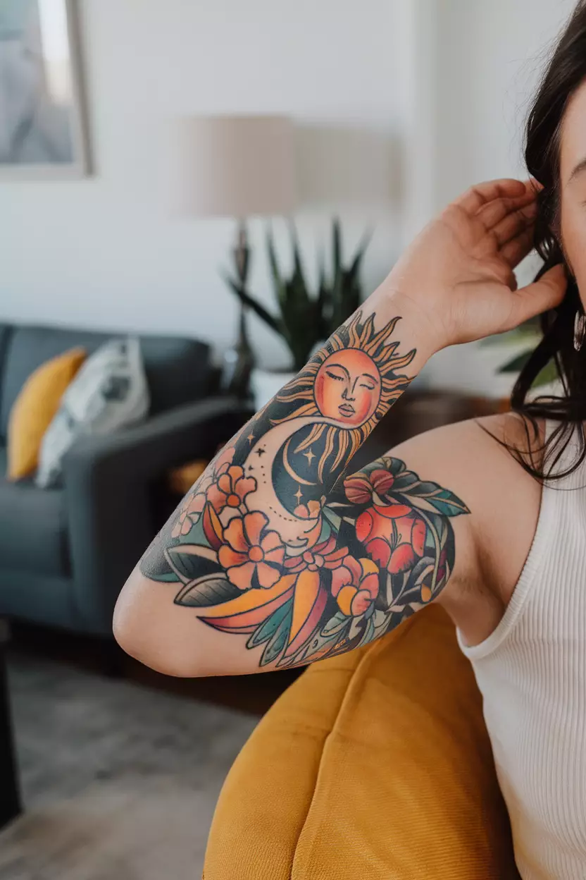 A close-up photo of a woman showing her forearm with a colorful tattoo featuring an awake sun, sleeping moon, and vibrant flowers as part of a larger sleeve design, tattoo design, living room background