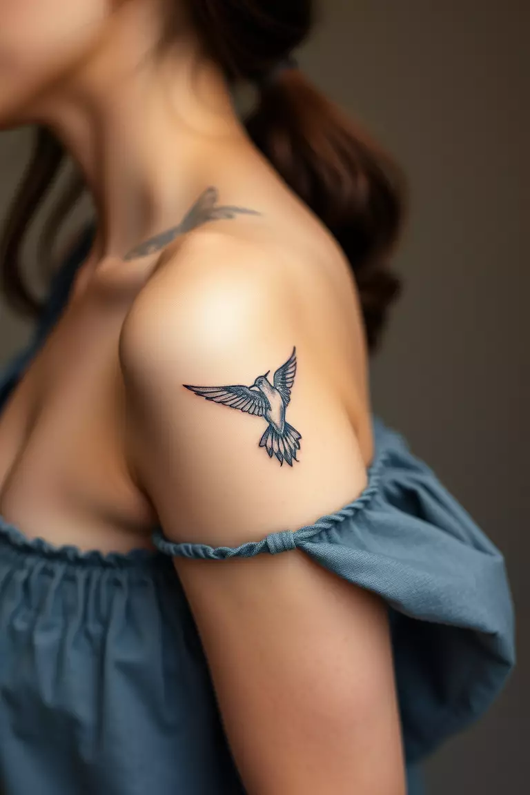 Small Hummingbird Tattoo Design on Arm A photo of a woman with a small hummingbird tattoo design on her arm, delicately placed near her elbow