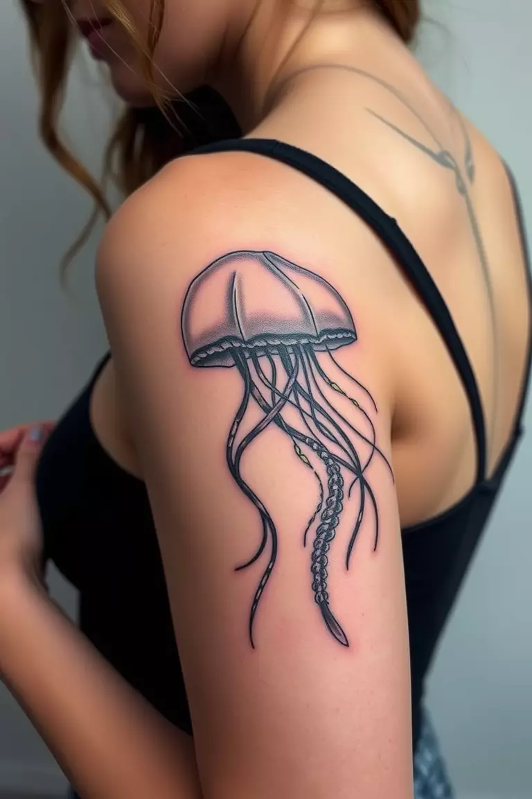 A close-up photo of a woman showing her realistic jellyfish tattoo with details.  