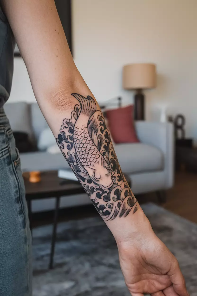 A close-up photo of a woman showing her koi fish tattoo swimming upstream against waves, representing perseverance and determination in overcoming obstacles, tattoo design, living room background