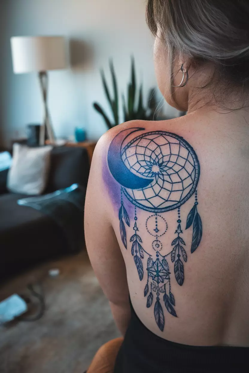A close-up photo of a woman showing her back with a large tattoo of a dreamcatcher incorporating a crescent moon into its design, tattoo design, living room background