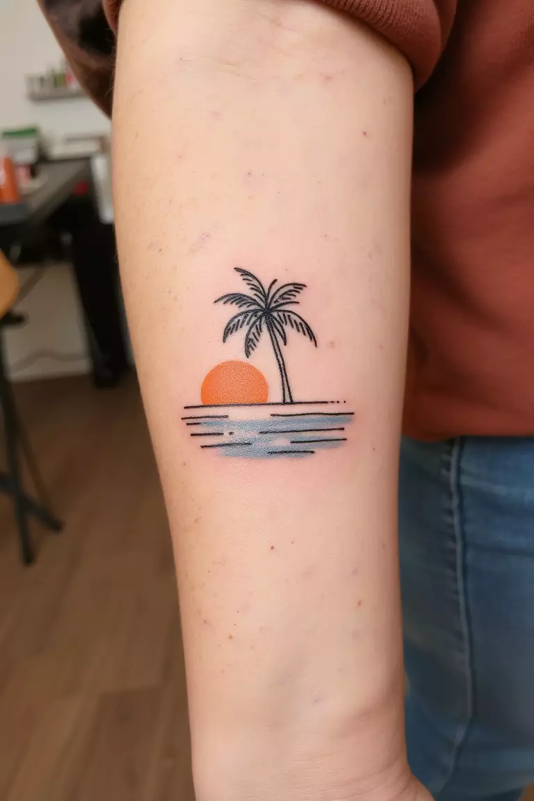 A close up shot of woman's arm with a black ink tattoo showing fine line palm tree with colored water lines and semi-filled orange sun, elegant beach-inspired trifecta.