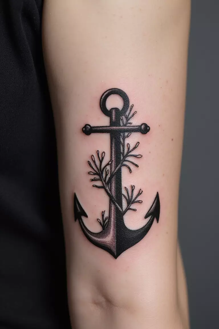 A close-up shot of a woman showing her black ink coral growing on an anchor tattoo design on her arm