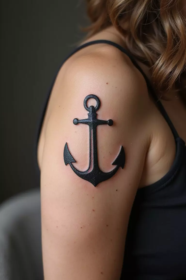 A close-up shot of a woman showing her black ink anchor tattoo design on her arm
