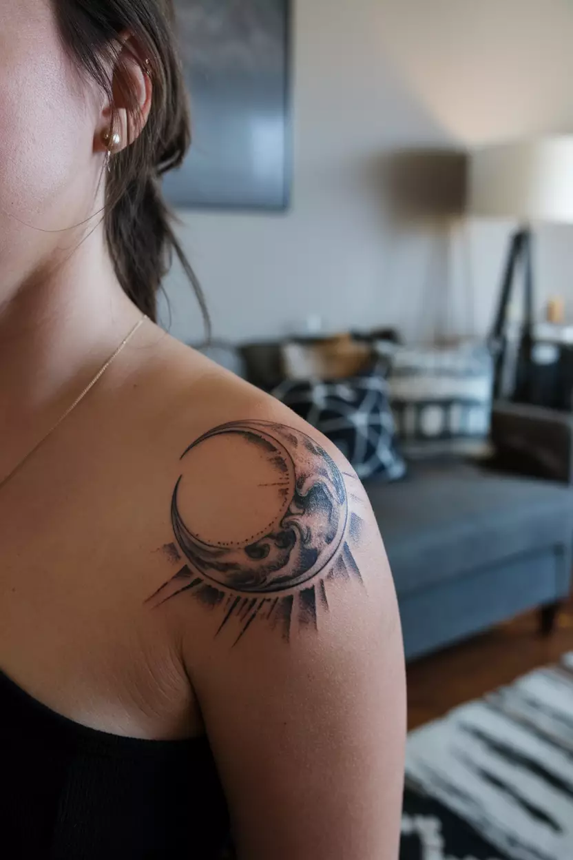 A close-up photo of a woman showing her shoulder blade with a highly detailed, realistic tattoo of a crescent moon with shadowing and texture, tattoo design, living room background