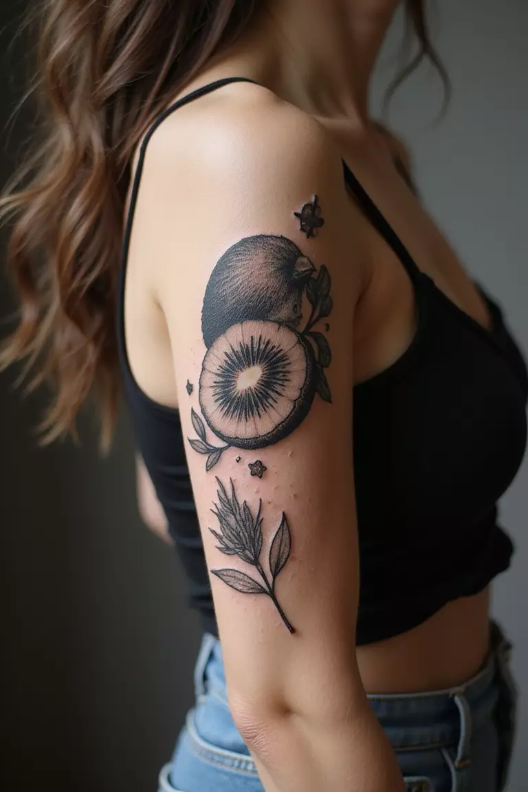 A close-up shot of a woman showing her black ink exotic kiwi tattoo on her arm