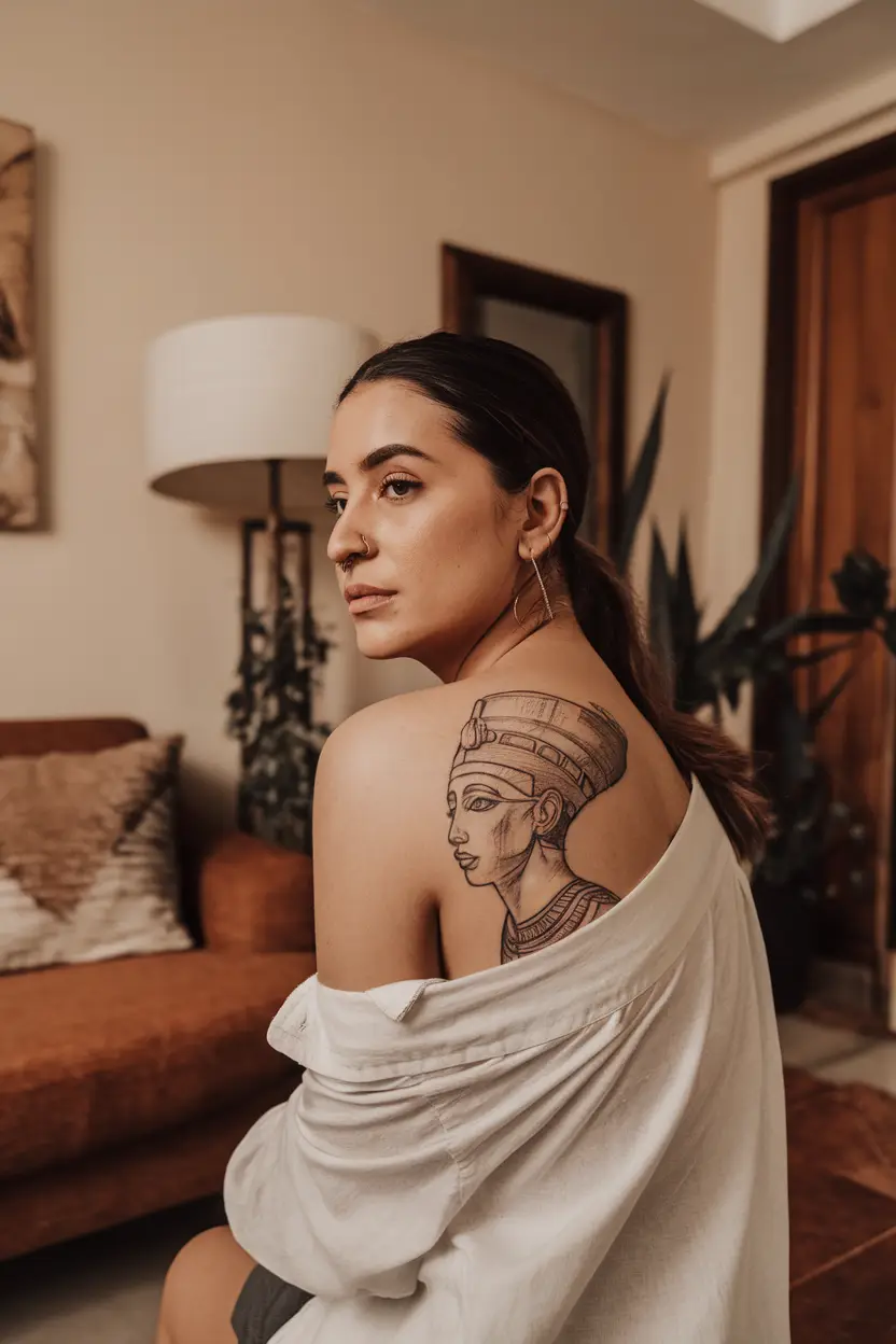 Sketchy Nefertiti and Tutankhamen Tattoo A photo of a woman with a sketchy Nefertiti tattoo, living room background