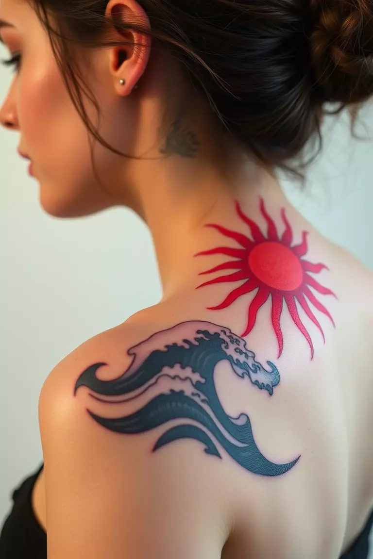 A photo of a woman with black waves tattooed beside a red ink sun on her shoulder.  