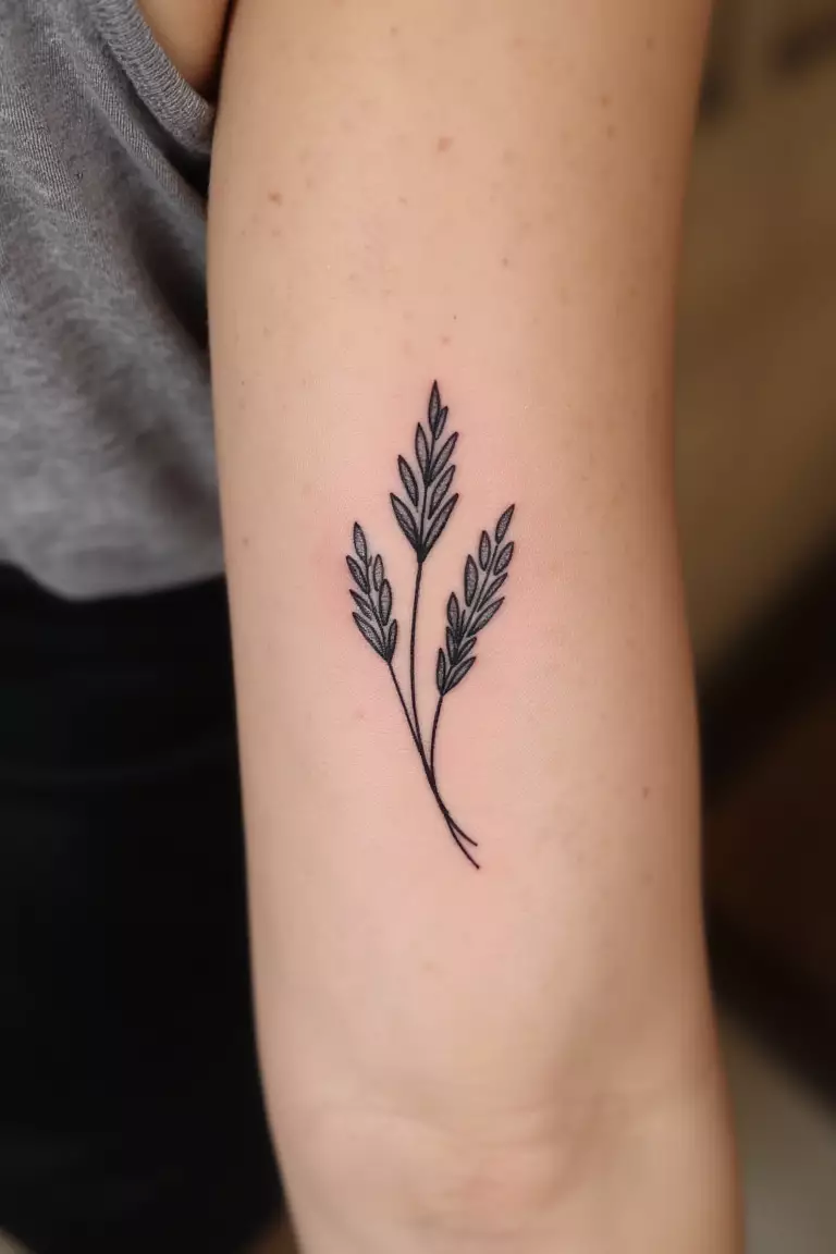 A close up shot of woman's arm with a black ink minimalist olive branch outline tattoo  