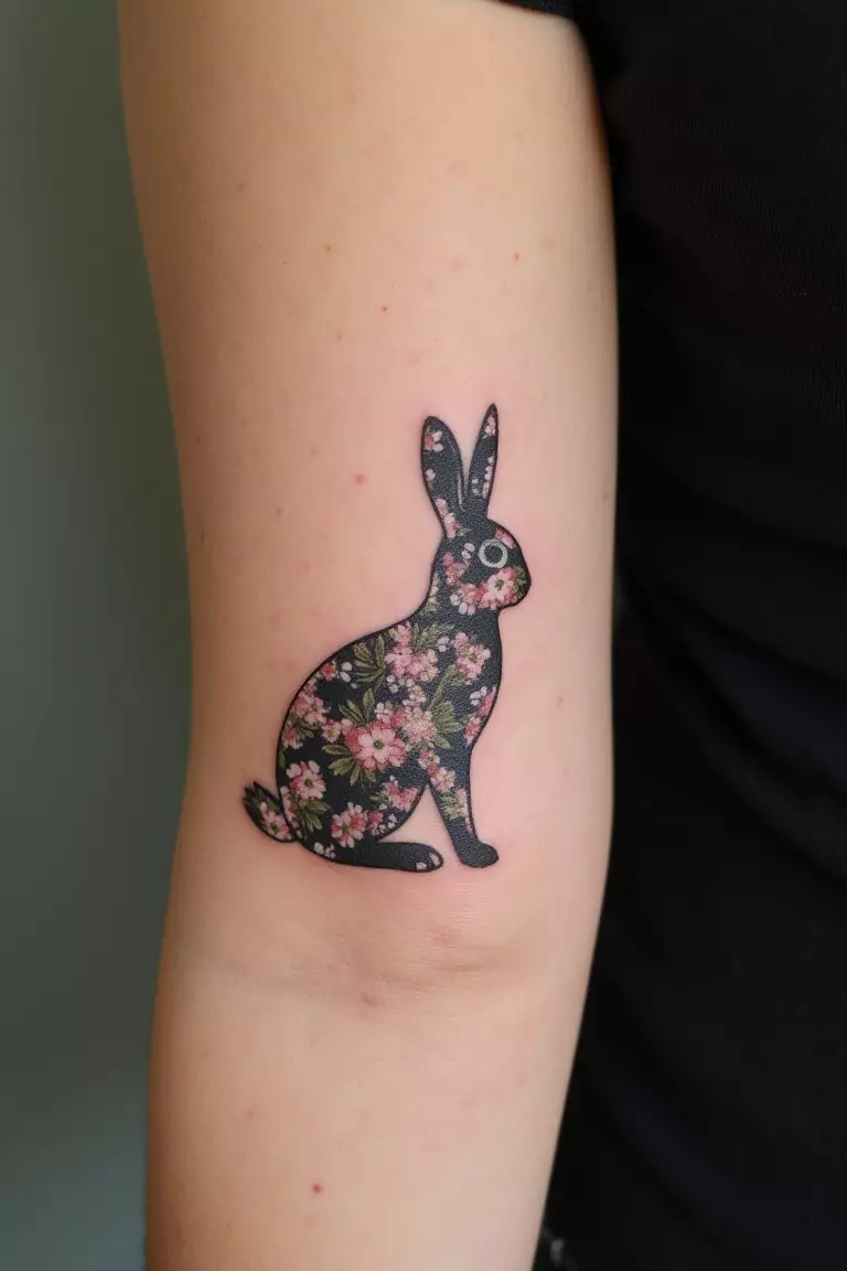 A close up shot of woman's arm with a black ink floral bunny silhouette tattoo  