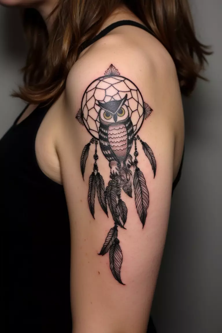 A close up shot of woman's arm with a black ink owl dreamcatcher tattoo.  