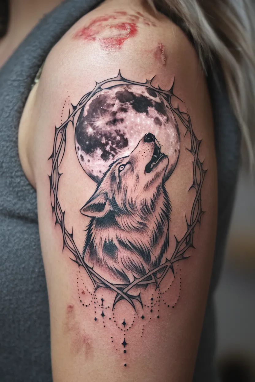 Wolf and Moon Phase Back Tattoo for Women