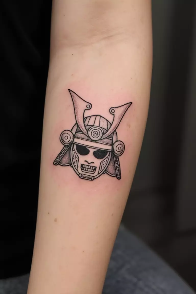 A close up shot of woman's arm with a black ink minimalist samurai helmet outline tattoo  
