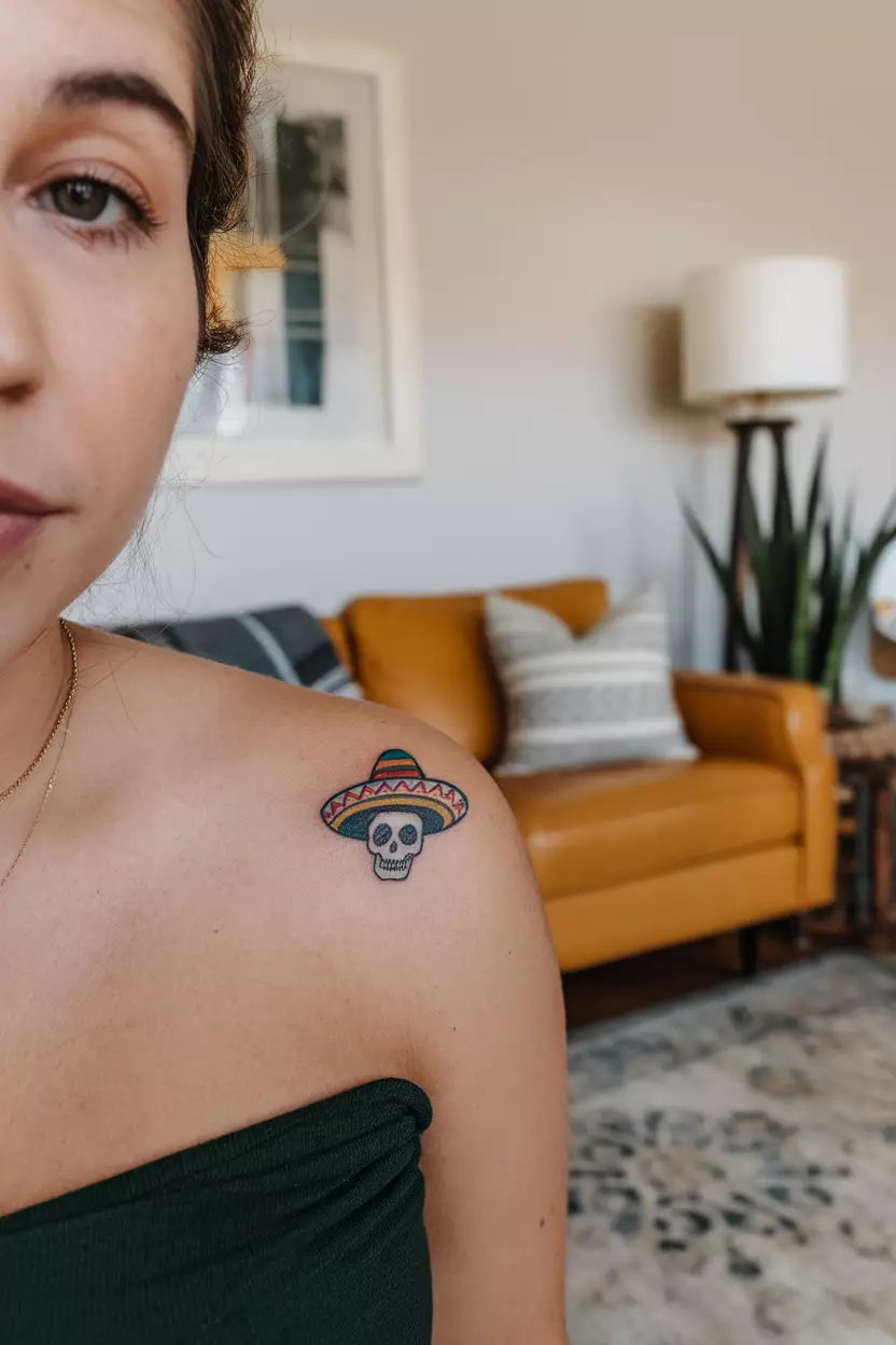 Tiny Sombrero Skull A close-up photo of a woman showing her tiny tattoo of a skull wearing a tiny sombrero, tattoo design, living room background