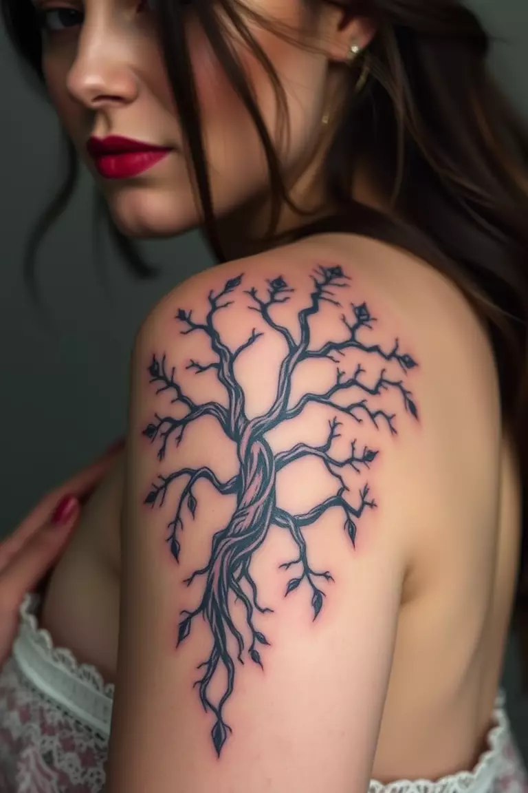 A photo of a woman showcasing a poison tree tattoo on her upper arm, featuring rich details and a mystical aura.  