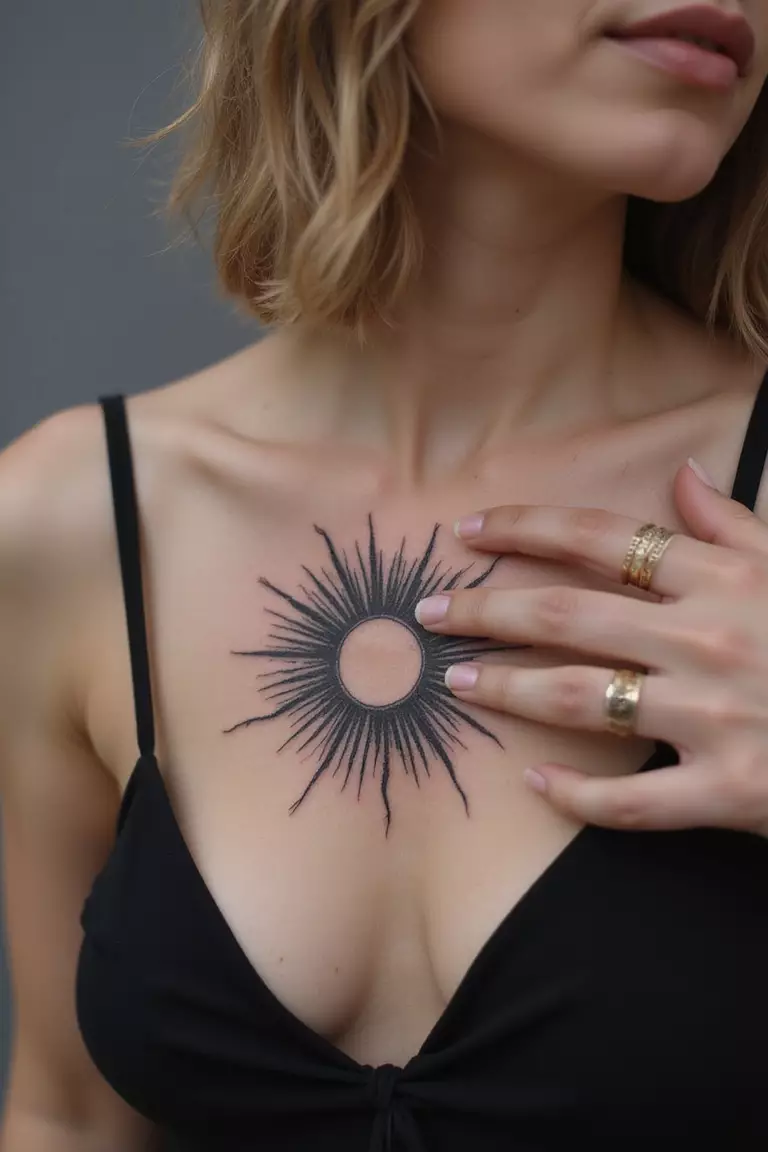A close-up shot of a woman showing her black ink rising sun for new beginnings tattoo on her arm