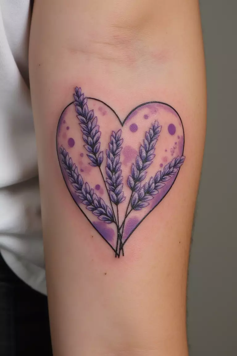 A close up shot of woman's arm with a lavender with heart tattoo