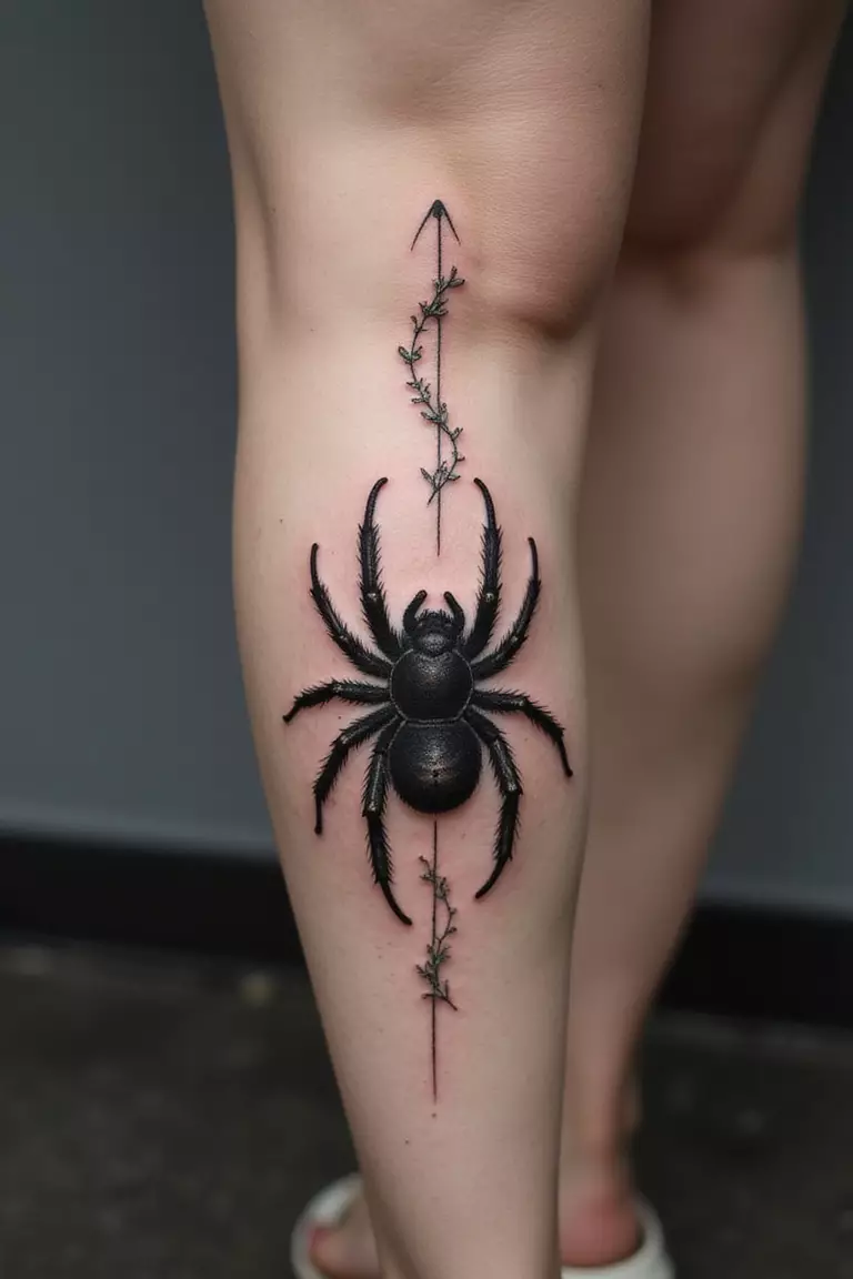 A close-up shot of a woman showing her black ink large tarantula tattoo design crawling up her calf muscle on her leg