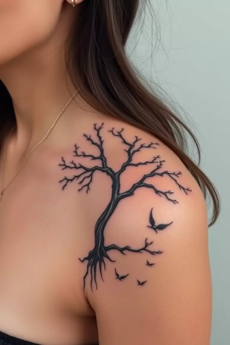 A photo of a woman with a poison tree tattoo inked on her shoulder, elegantly merging with her skin tone.  