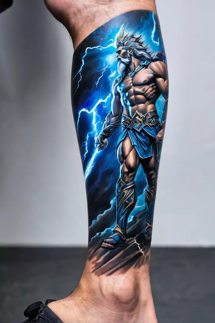A close-up photo of a man showing his vibrant Zeus leg sleeve tattoo, featuring electric blues and striking details of Zeus wielding lightning.  