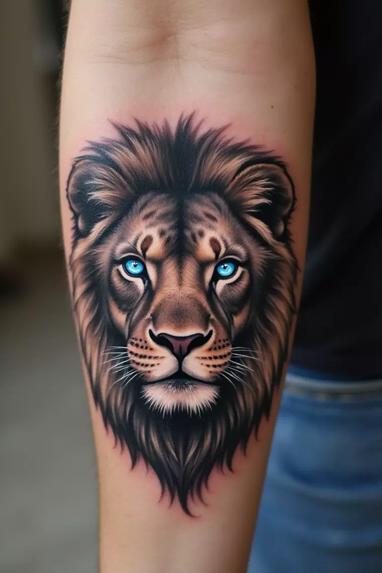 A close-up shot of a woman's arm with a black ink tattoo of a lion's face with sparkling, jewel-like eyes (e.g., sapphire blue).