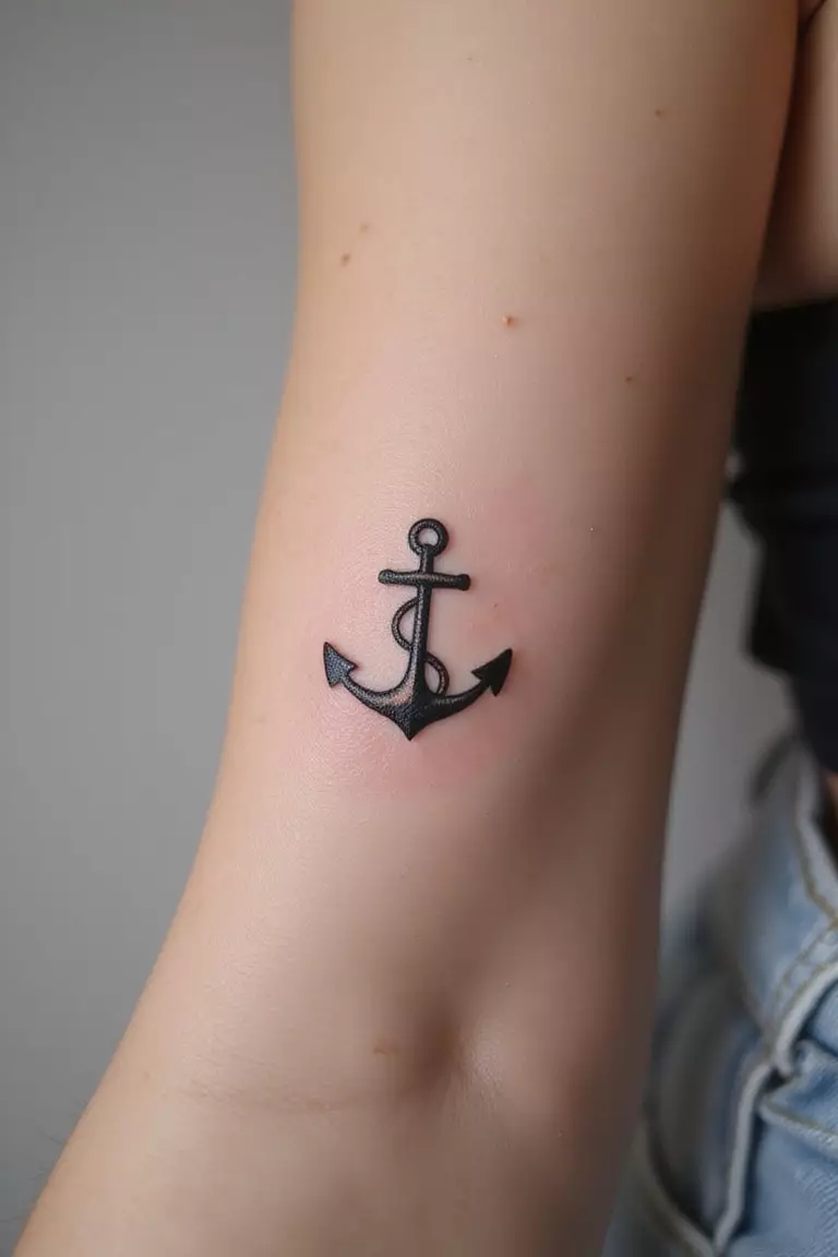 A close-up shot of a woman's arm with a black ink tattoo of a small, classic anchor symbol, clean lines.
