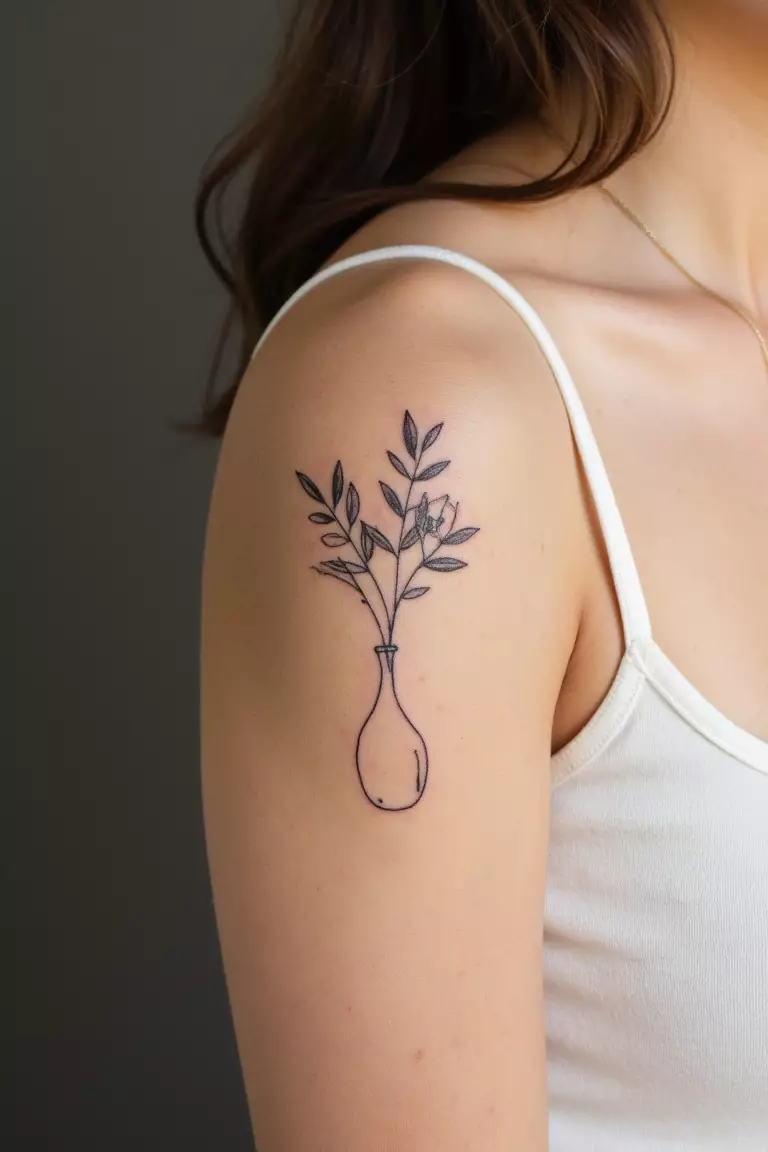 A close up shot of woman's arm with a black ink olive branch in a minimalist vase tattoo  
