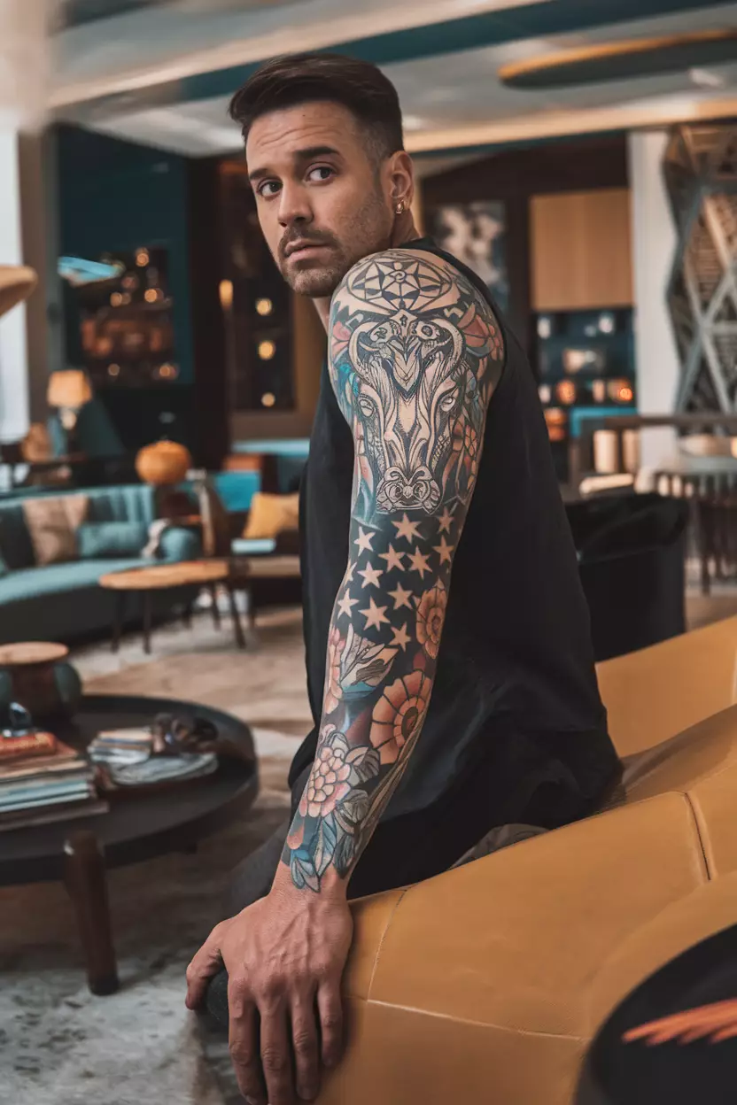 A close-up photo of a man showing his bold forearm tattoo featuring an intricate bull design surrounded by stars and floral motifs, captured in a stylish living room filled with comfortable seating arrangements and artistic displays that enhance its striking appearance.