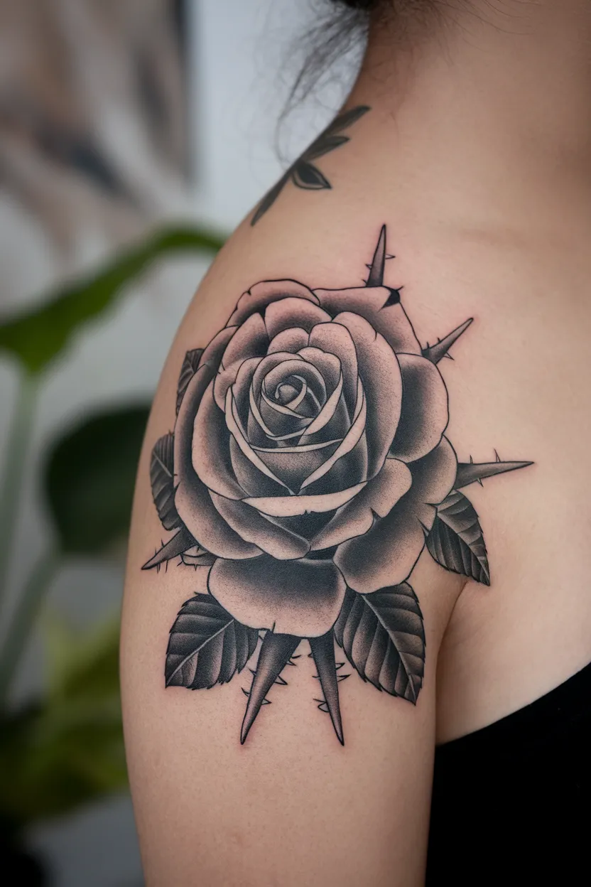 Black and Gray Tattoo of Rose on Side of Neck