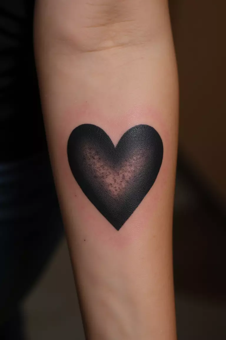 A close up shot of woman's arm with a black ink shaded heart tattoo, gradient effect with dark edges
