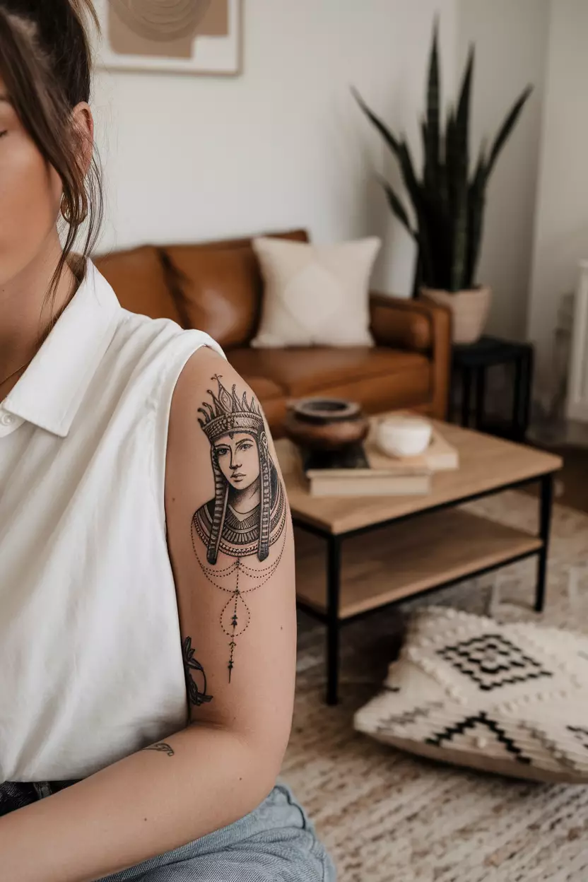 Blackwork Goddess Isis Tattoo A photo of a woman with a blackwork Goddess Isis tattoo, living room background