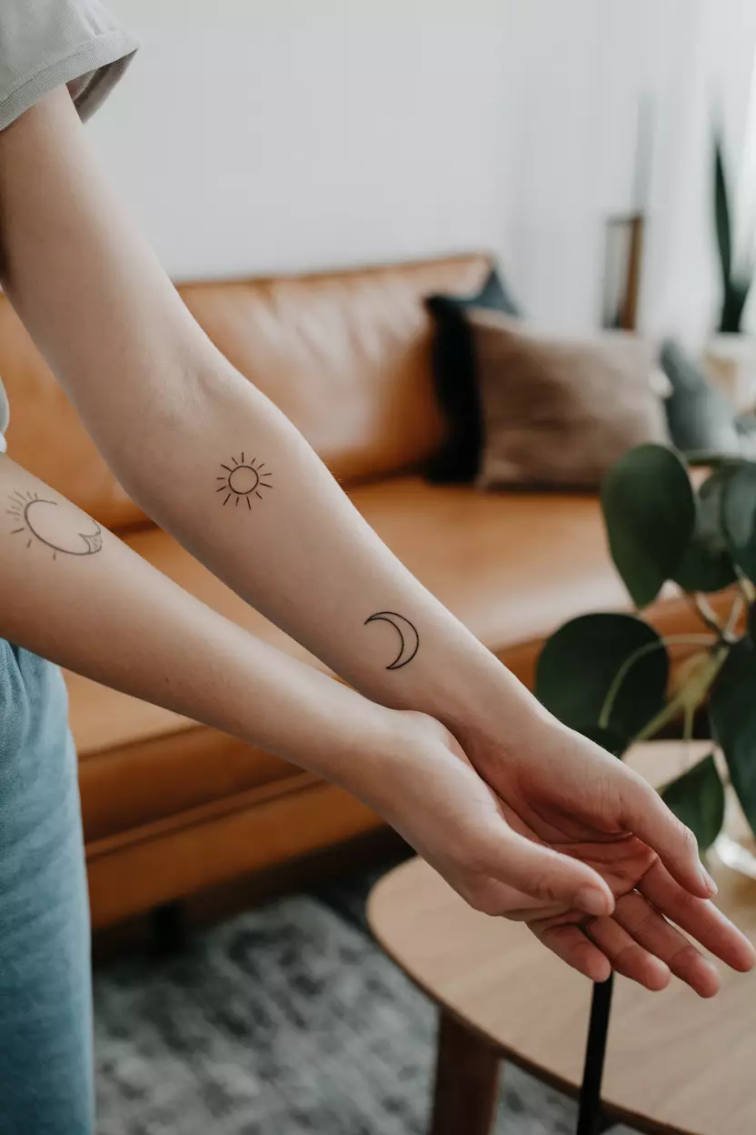 A close-up photo of a woman showing her forearms with minimalist matching tattoos, one of a simple sun and the other of a crescent moon, tattoo design, living room background