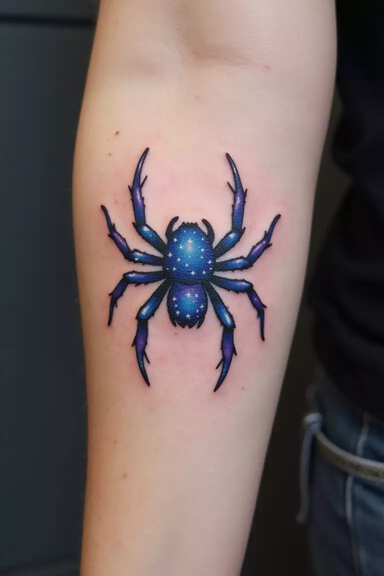 A close-up shot of a woman's arm with a deep blue and purple ink tattoo of a spider with tiny white star-like specks on its body, evoking a cosmic feel.