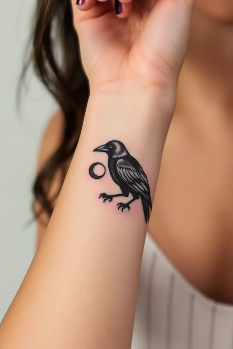 A photo of a woman displaying a crow and moon phases tattoo on her wrist, exploring themes of time and transformation.  