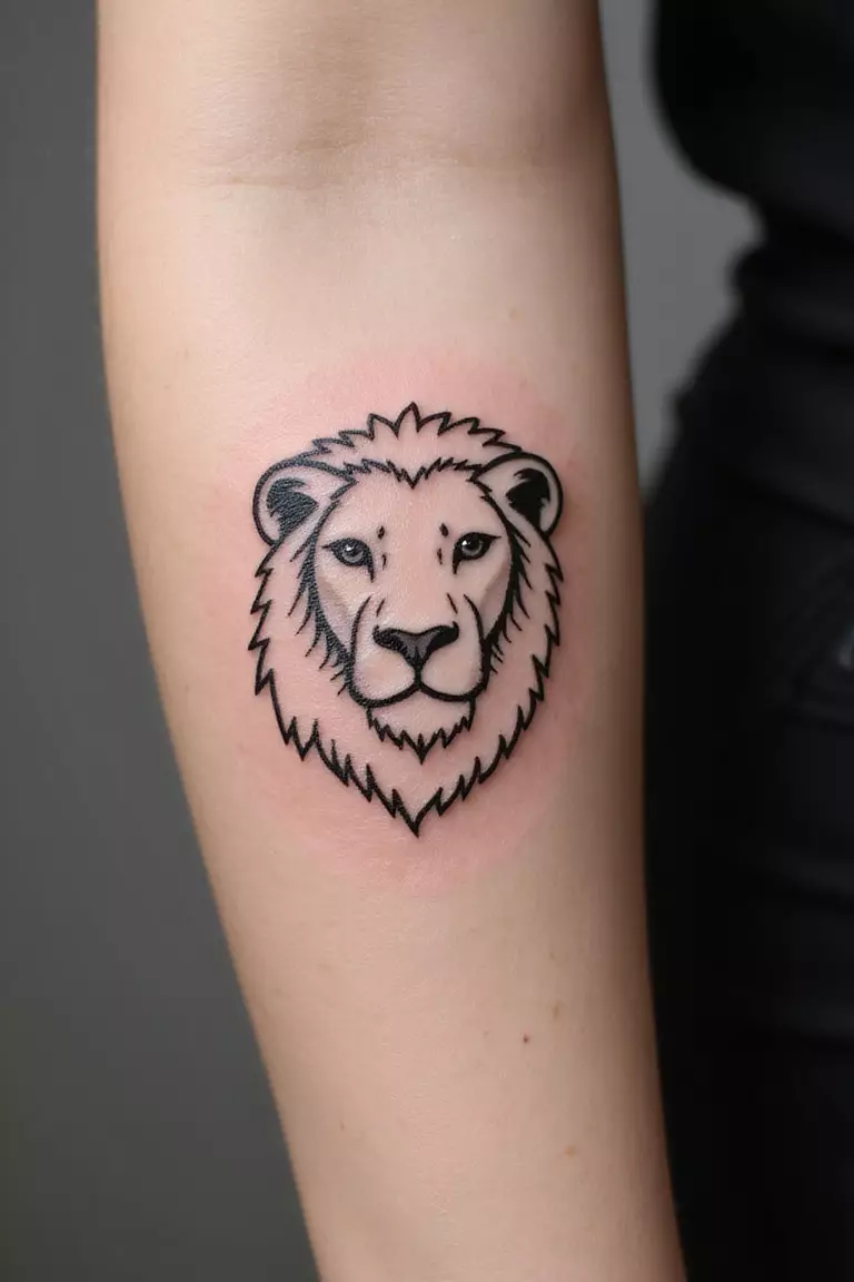 A close-up shot of a woman's arm with a black ink tattoo of a simple, continuous line forming the outline of a lion's head.