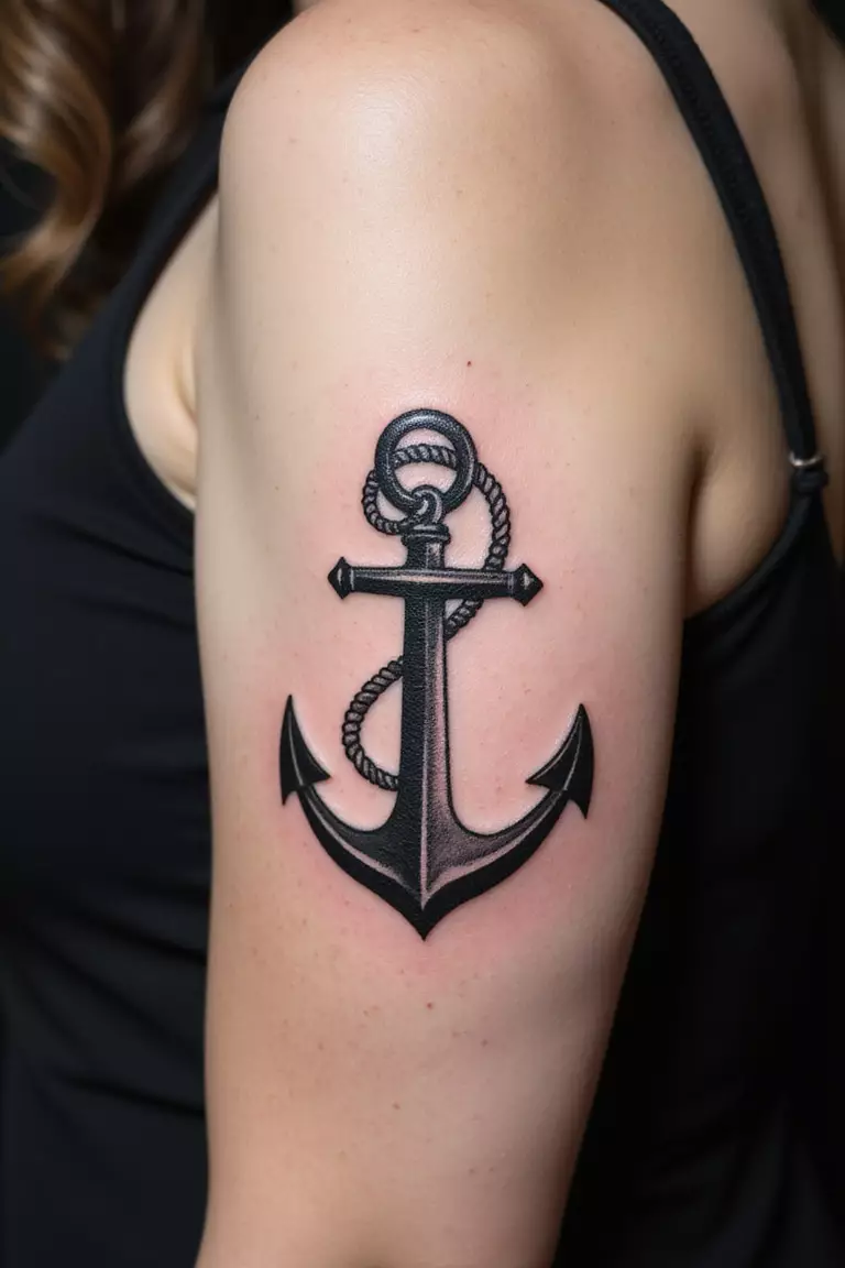 Traditional Americana A close-up shot of a woman showing her black ink Traditional Americana Anchor tattoo design on her arm