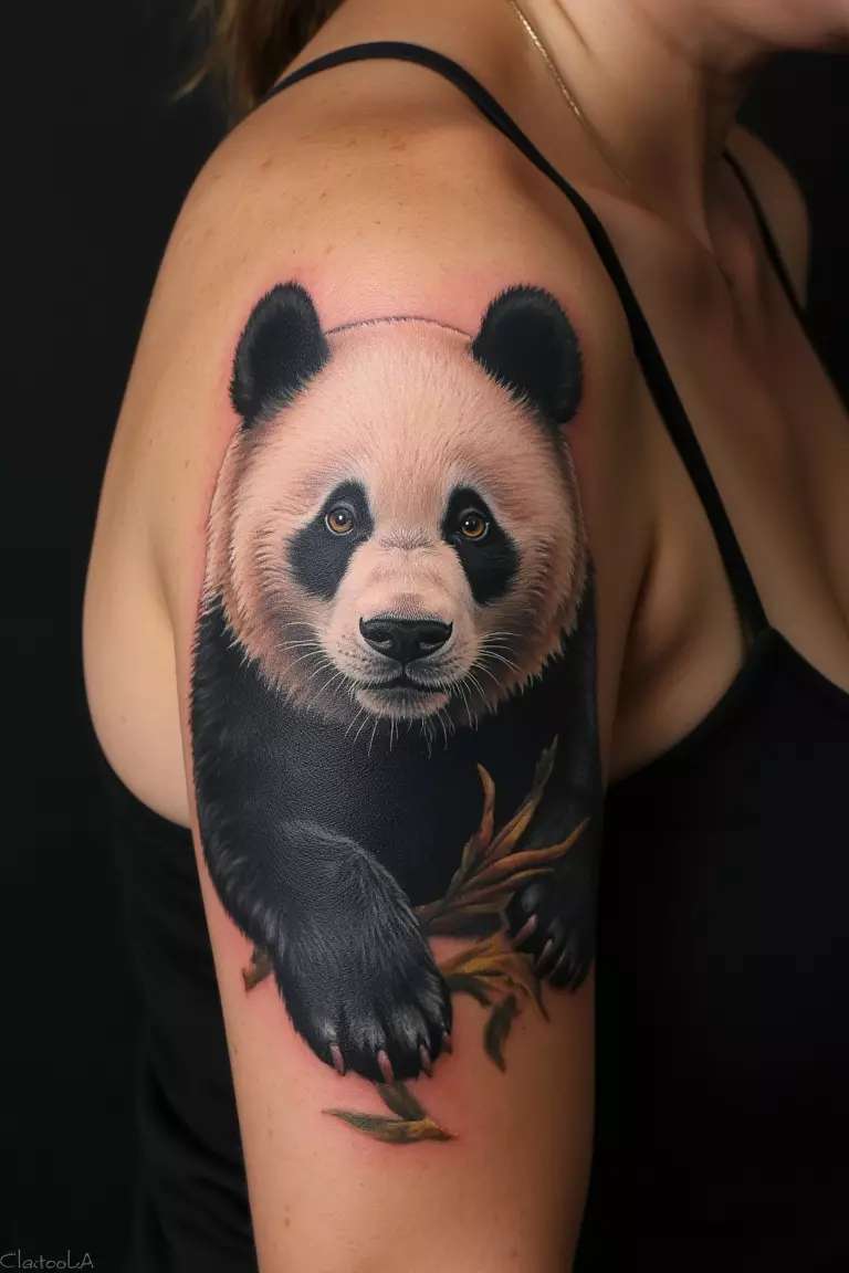 A close up shot of woman with a hyper realistic panda tattoo on her arm.  