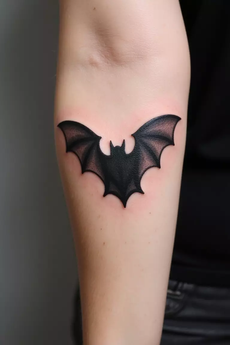 A close-up shot of a woman's arm with a black ink tattoo of a bat.