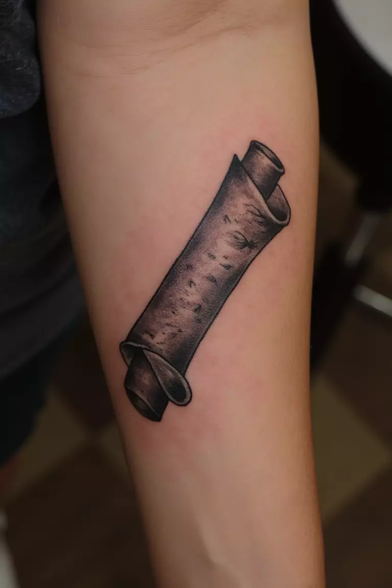 A close up shot of woman's arm with a black ink tattoo of a rolled scroll.